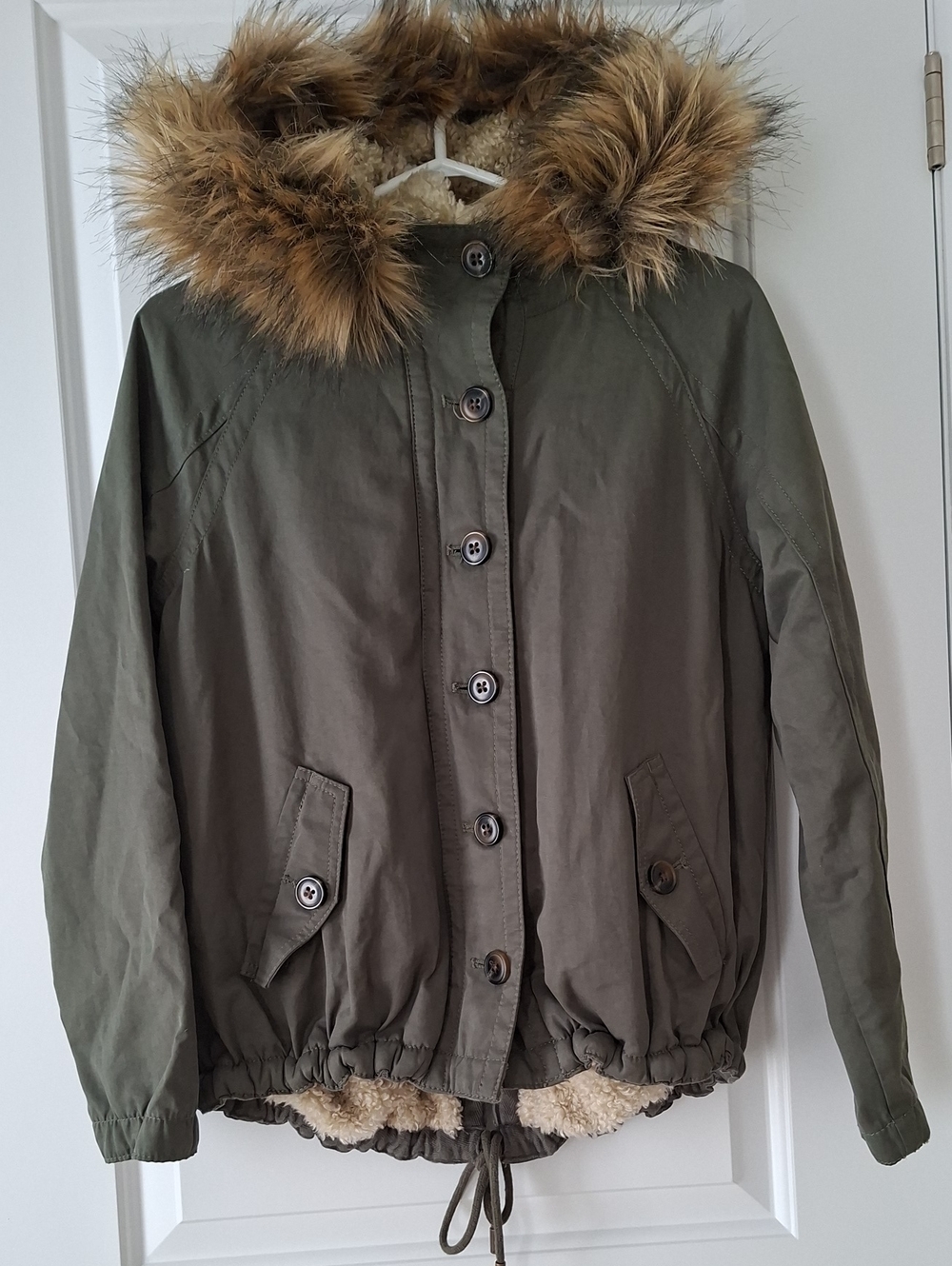 Bethany Mota Women Olive Green Hooded Jacket with Faux Fur Trim Sherpa Lined